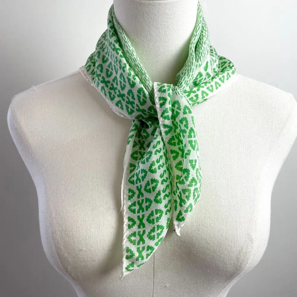 Vintage 70s Silk Square‎ Scarf Green White Colorful Geometric Abstract Japan